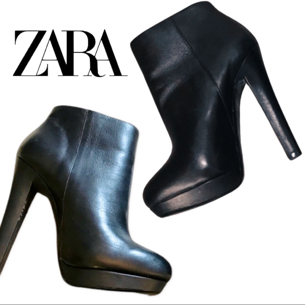Zara Platform black genuine Leather Booties (US 9.5 / EU 40 / 24.4 cm) 5" heel